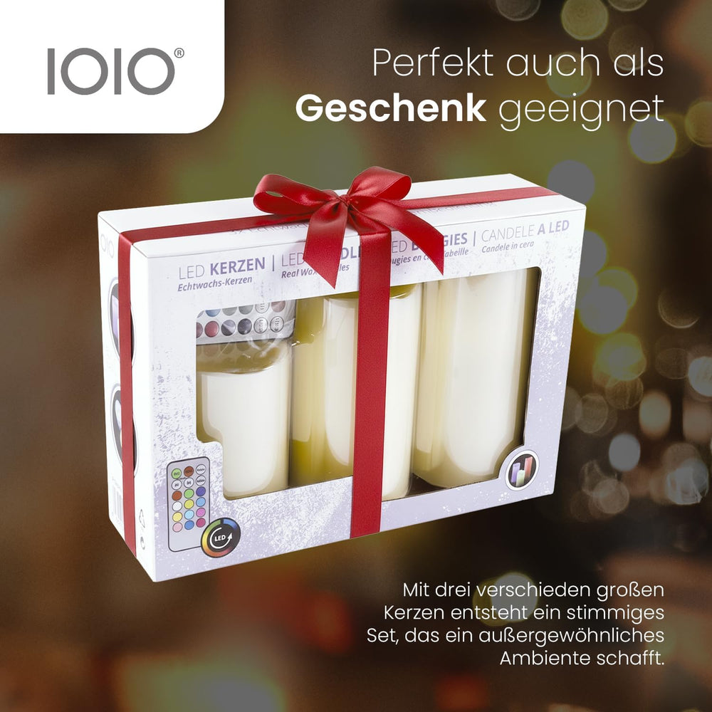 Olympia IOIO 3er Echtwachskerzen-Set mit Fernbedienung und Farbwechsel, LED 48, 40138