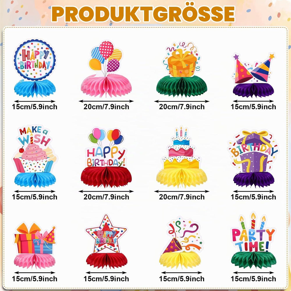 NatNarr 12 Stück Set Geburtstagstisch Deko Happy Birthday Waben Tischaufsteller Bunte