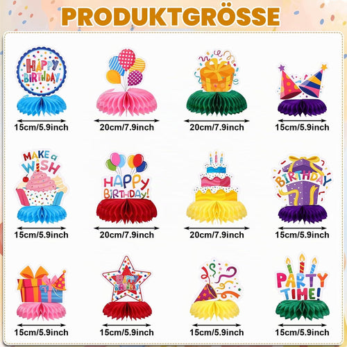 NatNarr 12 Stück Set Geburtstagstisch Deko Happy Birthday Waben Tischaufsteller Bunte