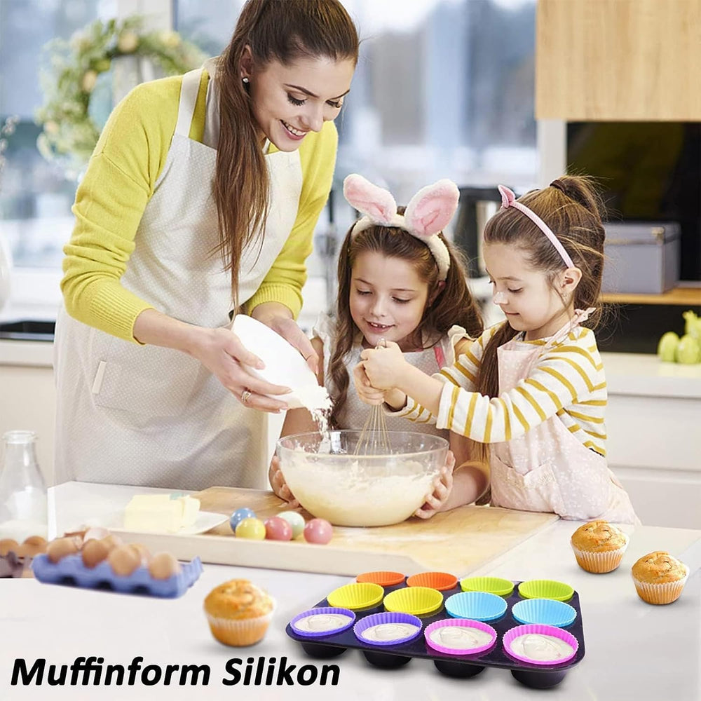 Muffinform Silikon, 12 Stück Antihaft-Backform Silikon,Wiederverwendbare Muffinförmchen, 6 Farben, Verwendung in Kuchen, Pudding, Sahne