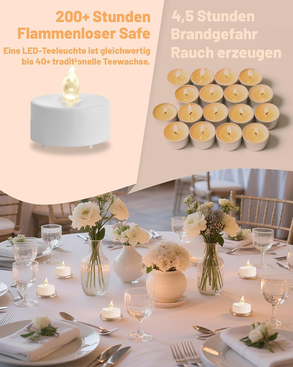 24 Stück LED Teelichter Kerzen, Batteriestart flammenlose realistische hell flackernde elektrische Kerzenlampe, Dose langlebig 200 Stunden Warmweiß, Hochzeiten, Partys ,Festivals，Wohndekoration