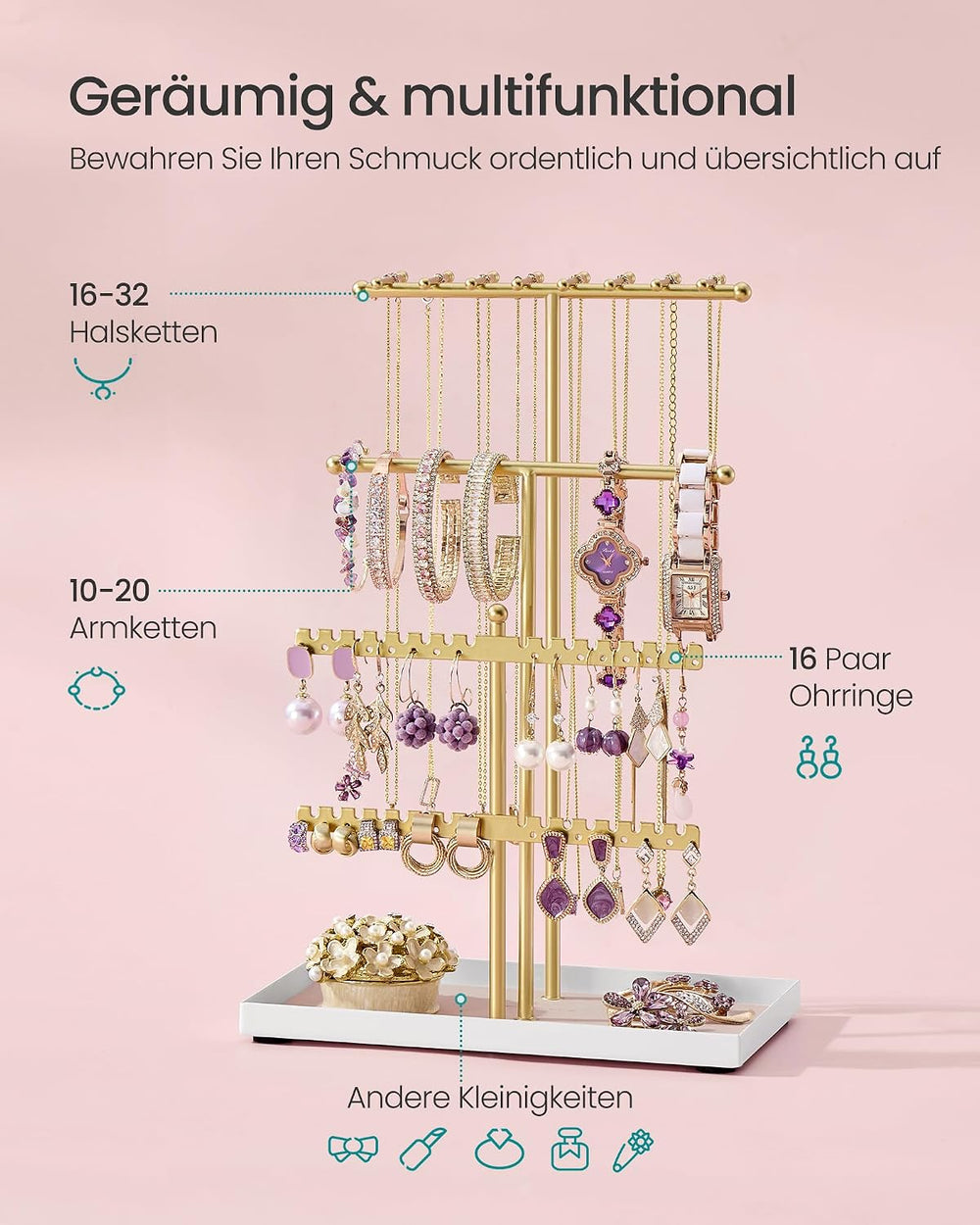 SONGMICS Schmuckständer, Schmuckhalter, Metallrahmen, Schmucktablett Plüsch