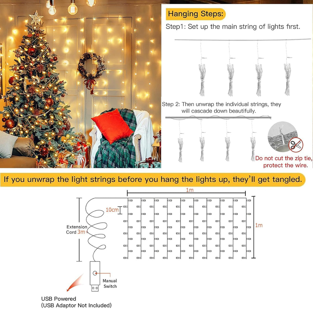 LED Lichtervorhang Innen 1x1m,Lichterkette Vorhang mit Fernbedienung