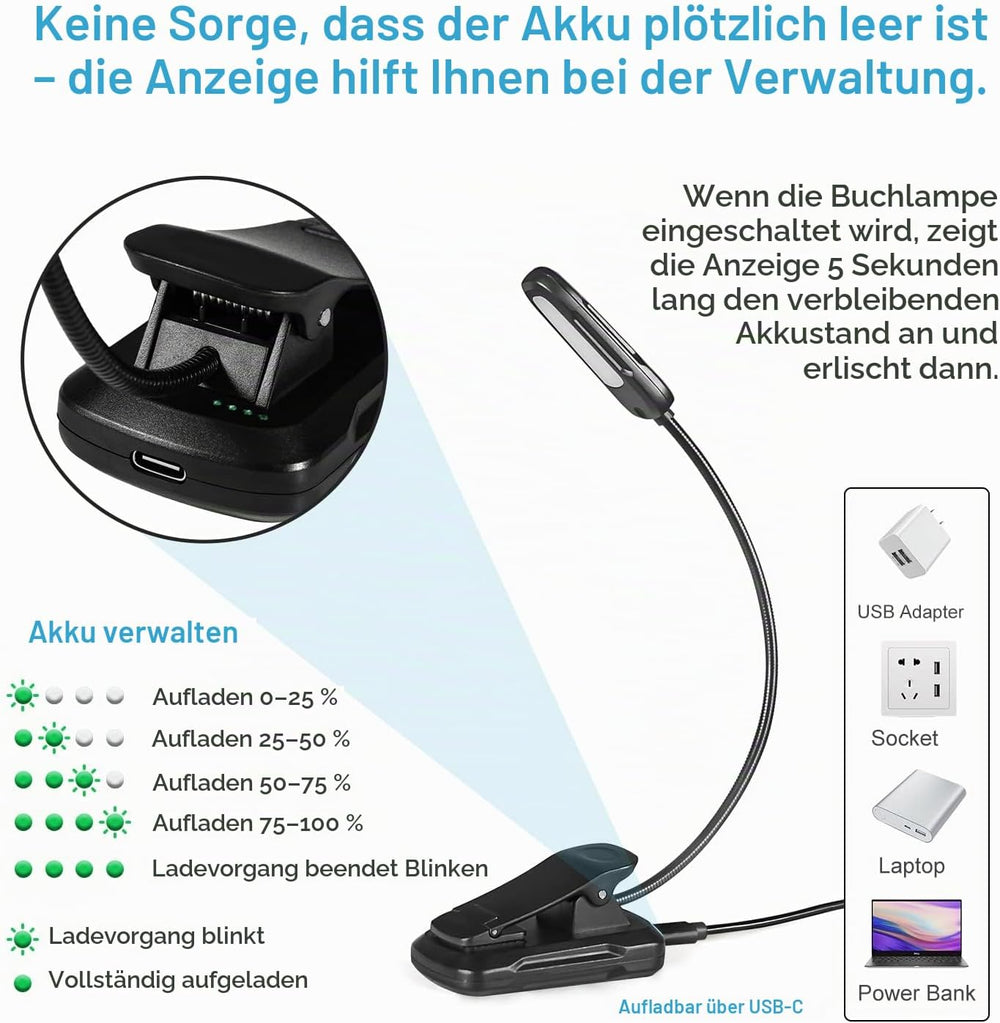 Diboniur Leselampe Buch Klemme, Klemmlampe mit 9 LEDs, 3 Farbtemperaturen und 3 Helligkeiten einstellbar, USB Wiederaufladbare Leselampe buch, 360° Flexibel für Büchern im Bett [Energieklasse A+++]