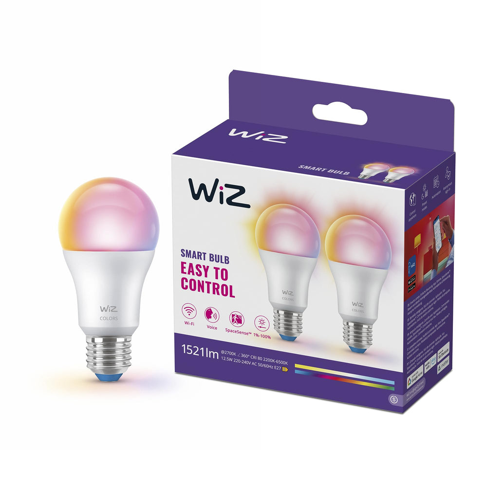 WiZ Warm White LED Lampen E27 2er Pack (806 lm), 60 W Lampen mit warmweißem dimmbarem Licht, smarte Lichtsteuerung über WLAN per Stimme/App