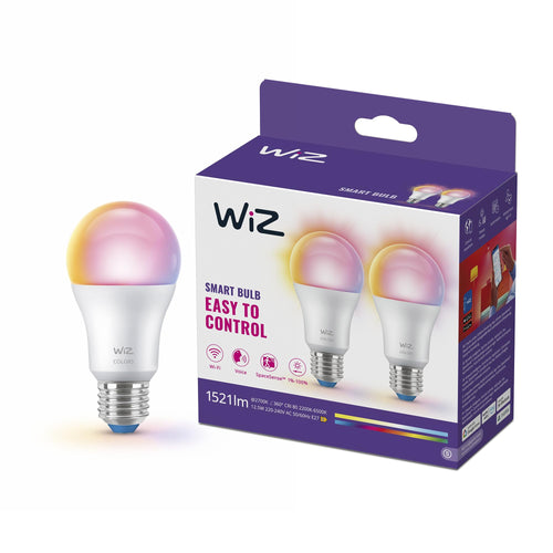 WiZ Warm White LED Lampen E27 2er Pack (806 lm), 60 W Lampen mit warmweißem dimmbarem Licht, smarte Lichtsteuerung über WLAN per Stimme/App