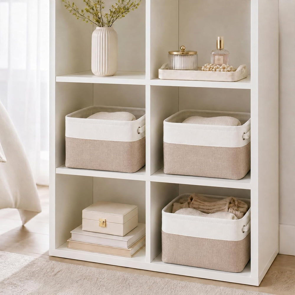 Mangata aufbewahrungsbox Stoff, aufbewahrungskorb, Korb aufbewahrung Stoff mit Griffen für Schrank, Spielzeug, kleiderschrank, Regale, Kleidung (Helles Khaki Weiß, klein)
