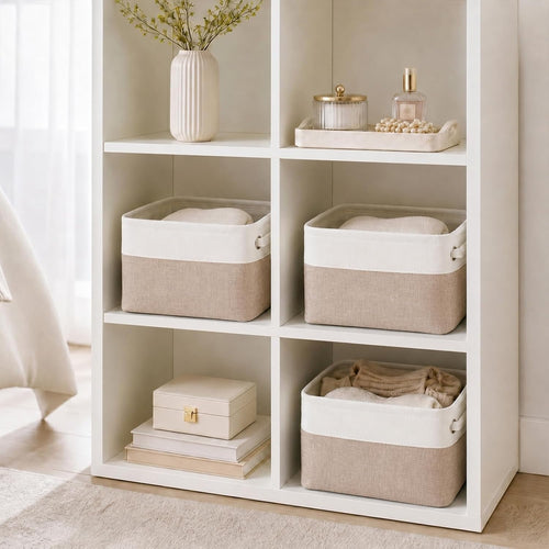 Mangata aufbewahrungsbox Stoff, aufbewahrungskorb, Korb aufbewahrung Stoff mit Griffen für Schrank, Spielzeug, kleiderschrank, Regale, Kleidung (Helles Khaki Weiß, klein)