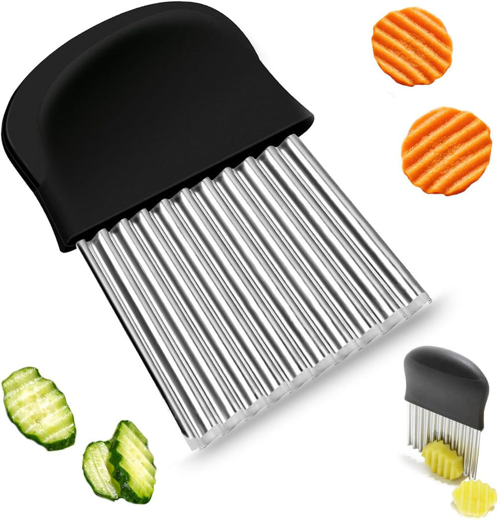 Wellenschneider Riffelmesser aus Edelstahl Pommesschneider Kartoffelschneider Zubehör Edelstahl für Gemüse Pommes Kartoffeln Butter und Obst (Schwarz)
