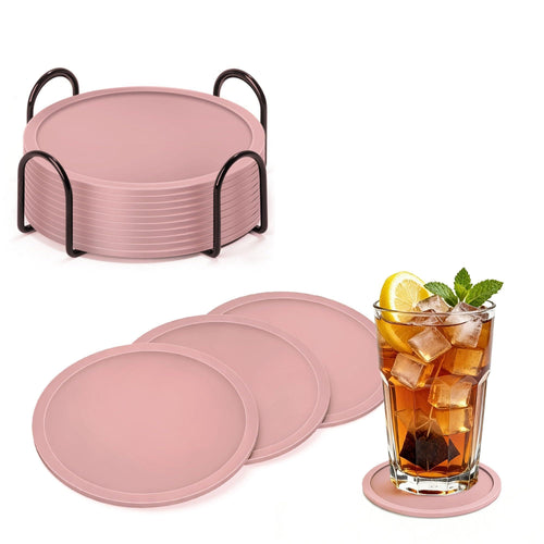 HELI MIAO Untersetzer Gläser Silikon mit Halter,rutschfest Glasuntersetzer mit Hohem Rand für Auslaufschutz,Hitzebeständig Tassenuntersetzer für Couchtisch,Esstisch&Bar,10Stück mit Halter Schwarz