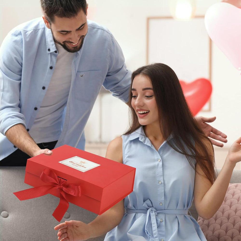 Hianjoo Geschenkbox mit Deckel 23x17x7cm, Magnetische Geschenkboxen mit Schleife, Geschenkkarton Faltbare für Weihnachten Hochzeit Geburtstag Jubiläum Valentinstag Geschenkverpackung - Rot