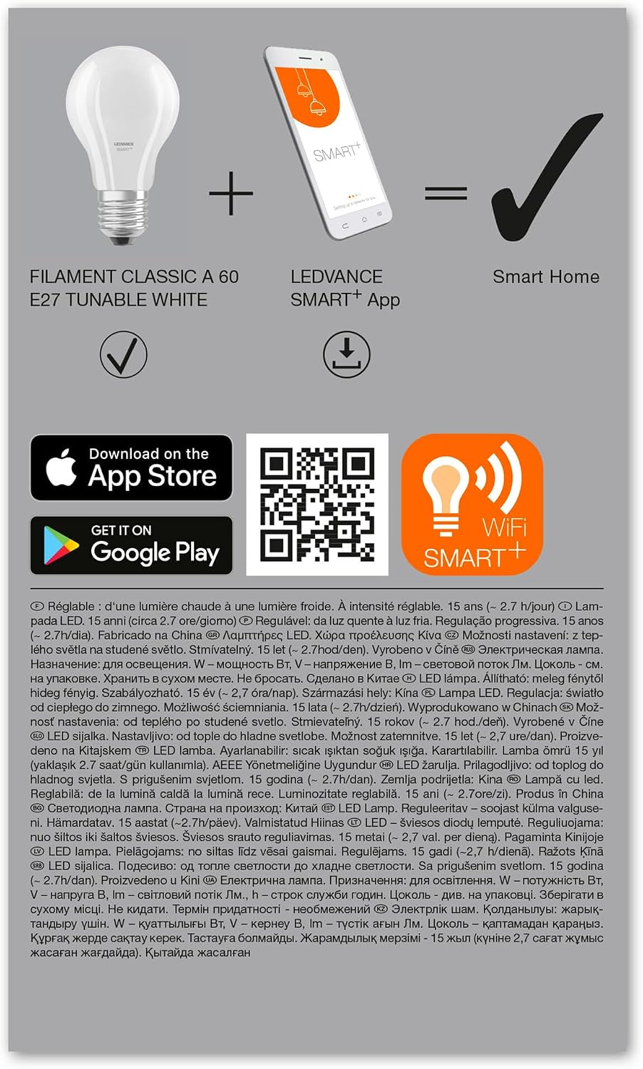 LEDVANCE Smarte LED-Lampe mit WiFi Technologie, Sockel E27, Dimmbar, Lichtfarbe änderbar (2700-6500K), ersetzt Glühlampen mit 60 W, SMART+ WiFi Classic Tunable White, 1er-Pack