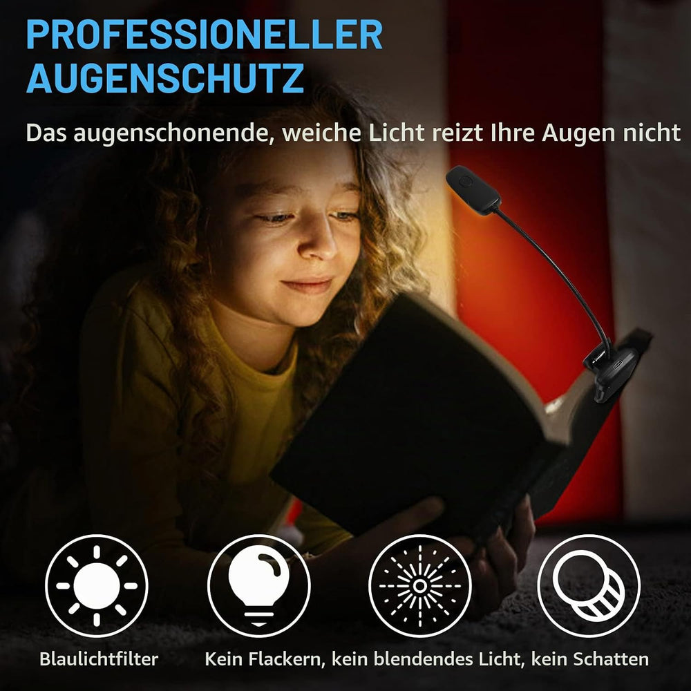 Diboniur Leselampe Buch Klemme, Klemmlampe mit 9 LEDs, 3 Farbtemperaturen und 3 Helligkeiten einstellbar, USB Wiederaufladbare Leselampe buch, 360° Flexibel für Büchern im Bett [Energieklasse A+++]