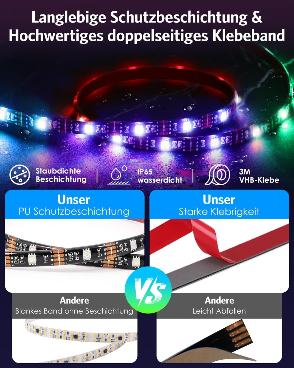 AMIR LED Streifen 1m, RGB LED Strip mit Fernbedienung, 18 Farbwechsel & 21 Modi LED Band Dimmbar, Selbstklebend Led Lichterkette Lichtband Leiste für Party, Gaming, Dekor, TV Hintergrundbeleuchtung