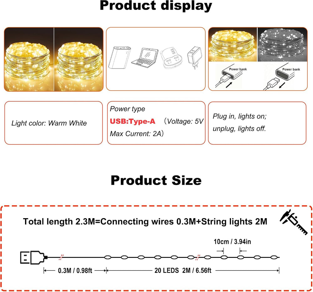 2 Stück LED Lichterkette, 20LED 2M / 6.6Ft USB lichterkette außen/innen Wasserdichte für Schlafzimmer, Hof, Hochzeit, Weihnachten, DIY etc (Warmweiß)