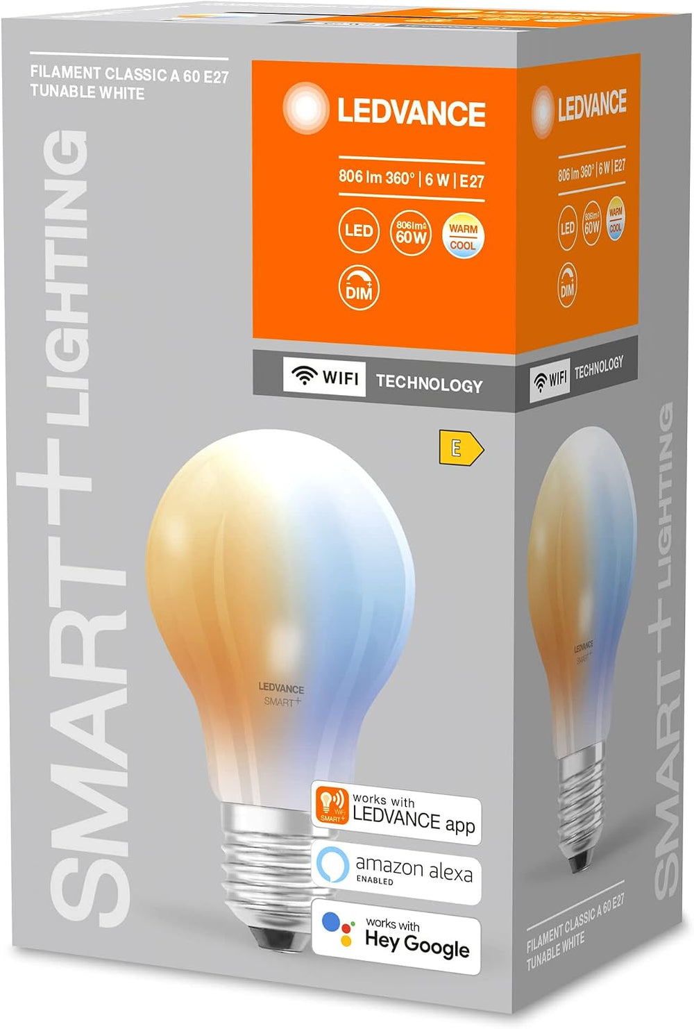 LEDVANCE Smarte LED-Lampe mit WiFi Technologie, Sockel E27, Dimmbar, Lichtfarbe änderbar (2700-6500K), ersetzt Glühlampen mit 60 W, SMART+ WiFi Classic Tunable White, 1er-Pack