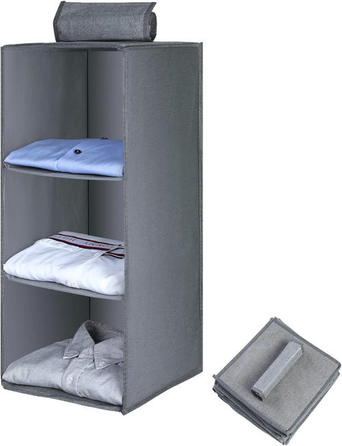 AiQInu Hängeregal Kleiderschrank,Hängeaufbewahrung Schrank Organizer mit 3 Fächern,Faltbar Platzsparend Stabiler Hängeorganizer mit Bambus-Stock Verstärkt Aufbewahrungssystem für Kleiderschränke