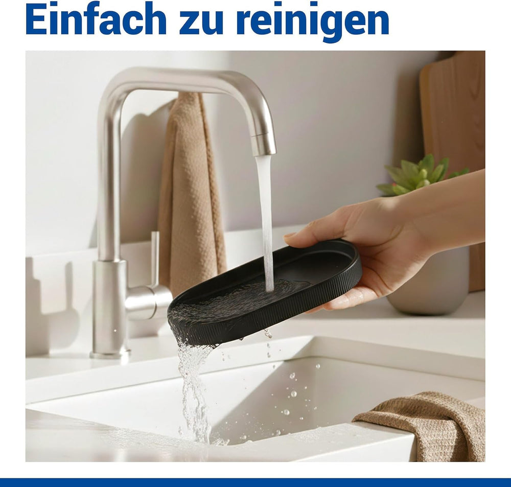 WENKO Ablage Mod. Fablo aus Keramik mit Rillenoptik, freistehend, Badezimmer-Organizer, Badablage, Schmuckschale, dekoratives Tablett für Badezimmer, Schlafzimmer, Wohnzimmer, Büro, schwarz matt