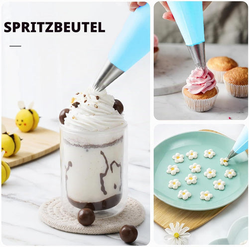 Spritzbeutel mit Tüllen 12 Stück, Spritzbeutel Wiederverwendbar aus Silikon mit Spritztüllen Edelstahl, Torten Zubehör für Cupcake, Torten Dekorieren, Kuchen