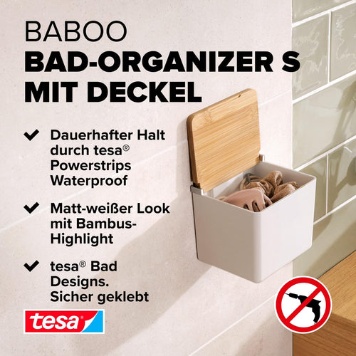 tesa Baboo Badorganizer S mit Bambus-Deckel, matt-weiß - Bad-Aufbewahrungsbox zur Wandmontage ohne Bohren, inkl Powerstrips Waterproof Strips XL - 122 mm x 110 mm x 102 mm