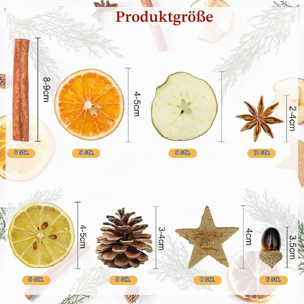 52 StüCk Weihnachtsdeko Adventskranz Deko Set,Weihnachten Bastelset Kreative, Weihnachtspotpourri Natur Dekoration Mit Orangenscheiben,Zimtschnecken,Ölkiefer, Eicheln, Sternanis, Zitronenscheiben