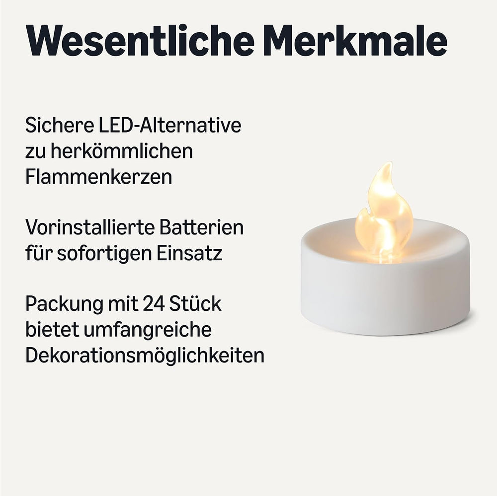 Amazon Basics LED Flammenlose Teelichter, Batteriebetriebene Kerzen, 24er-Pack, 3,65cm (Ø) x 3,34cm (H), Schwarz/Weiß