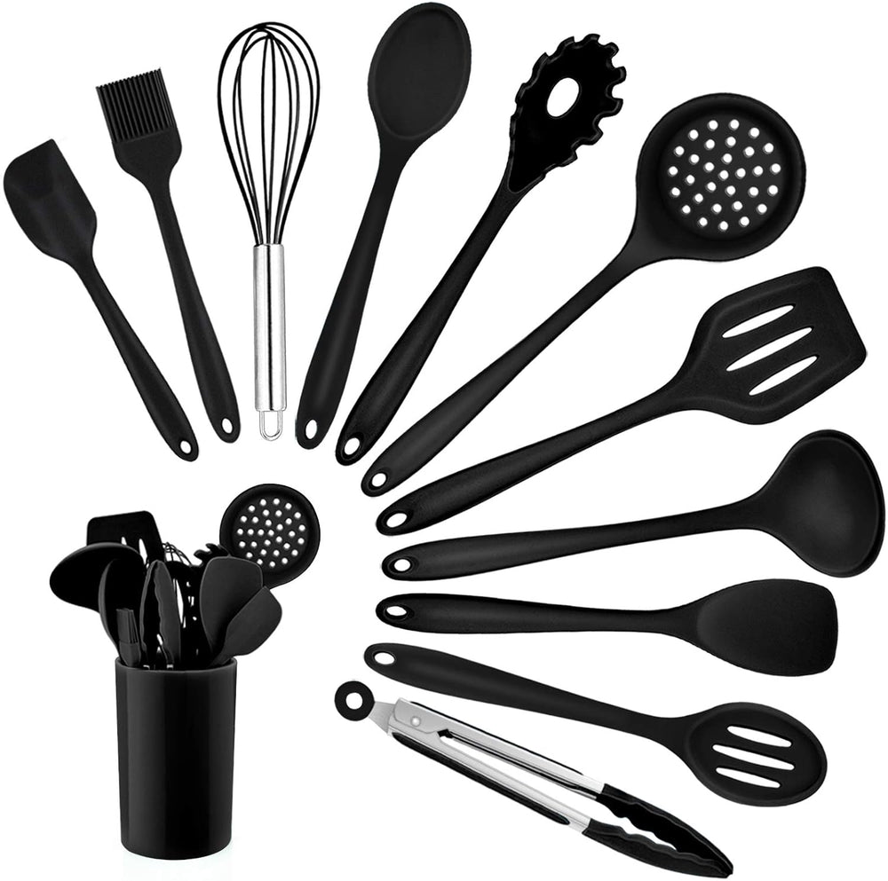 Homikit Silikon Küchenhelfer Set, 12 Stück Schwarz Kochutensilien