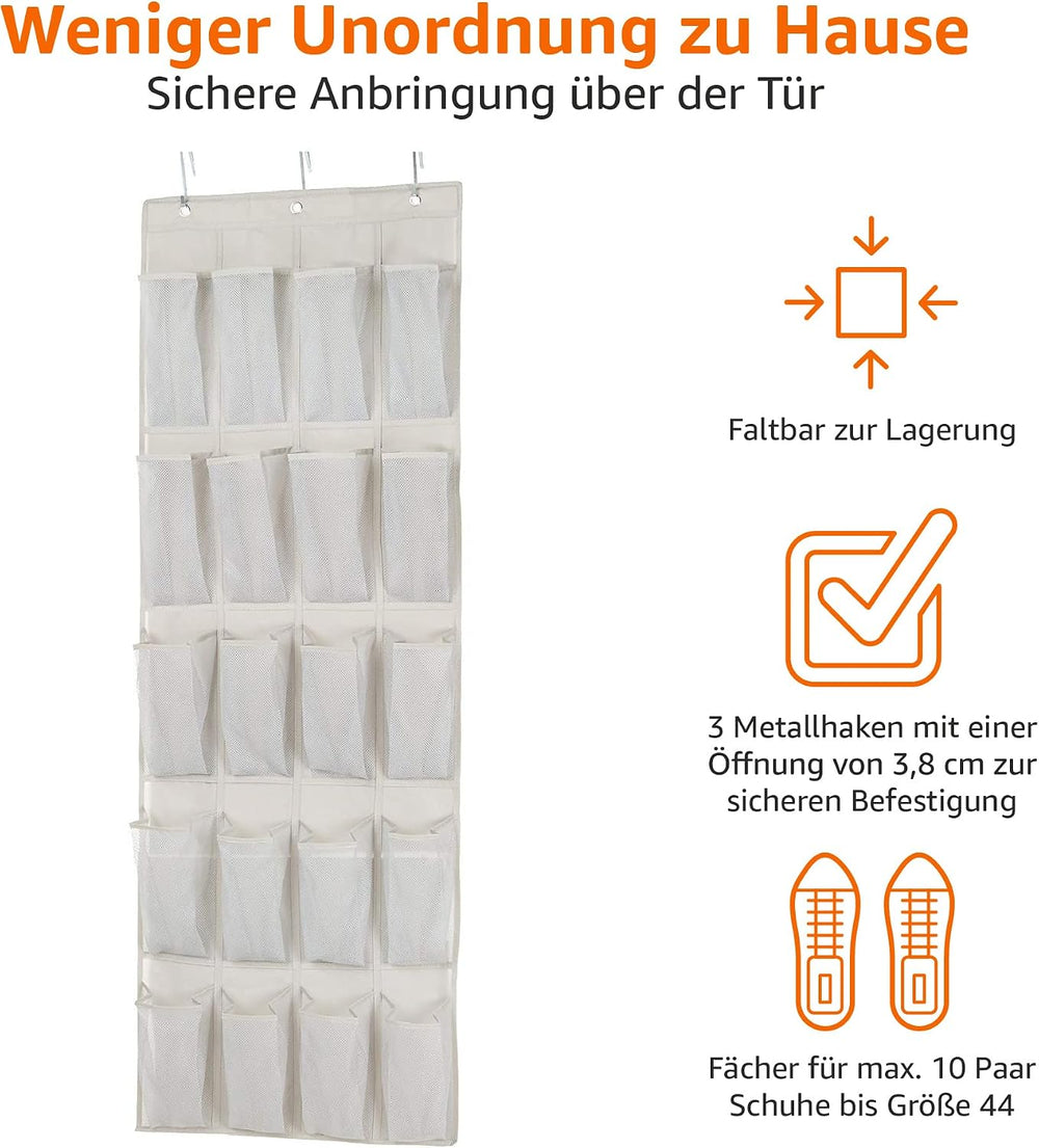 Amazon Basics 20 Taschen Schuhaufbewahrung zum Aufhängen an Türen - Bietet Platz für 10 Paar mittelgroßer Schuhe, Grau Bräunen