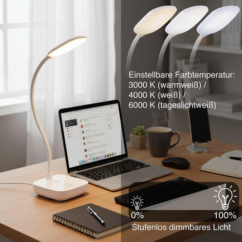 Schreibtischlampe: Dimmbare Akku-Schwanenhals-Schreibtischleuchte, 245 Lumen, 7 Watt, CCT (Tischlampe Schreibtischlampe, Schwanenhals, Steckdose)