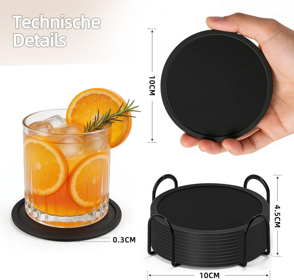 HELI MIAO Untersetzer Gläser Silikon mit Halter,rutschfest Glasuntersetzer mit Hohem Rand für Auslaufschutz,Hitzebeständig Tassenuntersetzer für Couchtisch,Esstisch&Bar,10Stück mit Halter Schwarz