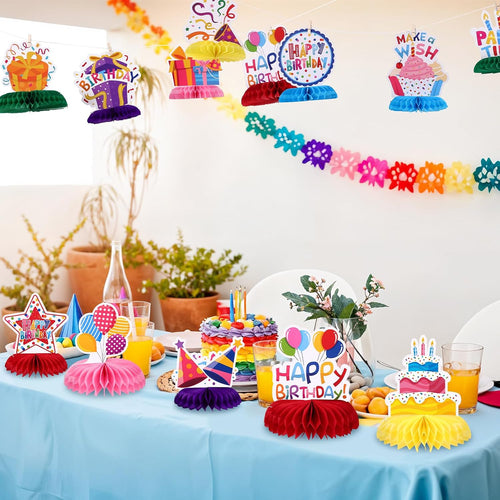 NatNarr 12 Stück Set Geburtstagstisch Deko Happy Birthday Waben Tischaufsteller Bunte