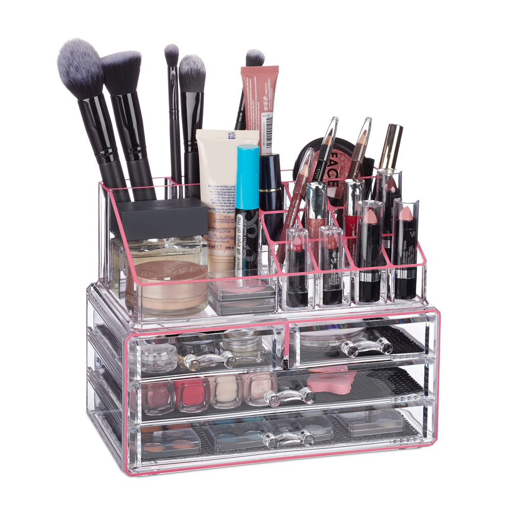 Relaxdays Make Up Organizer Acryl, 2-teilige Schminkaufbewahrung mit Lippenstifthalter und 4 Schubladen, transparent, 19 x 24 x 13.5 cm
