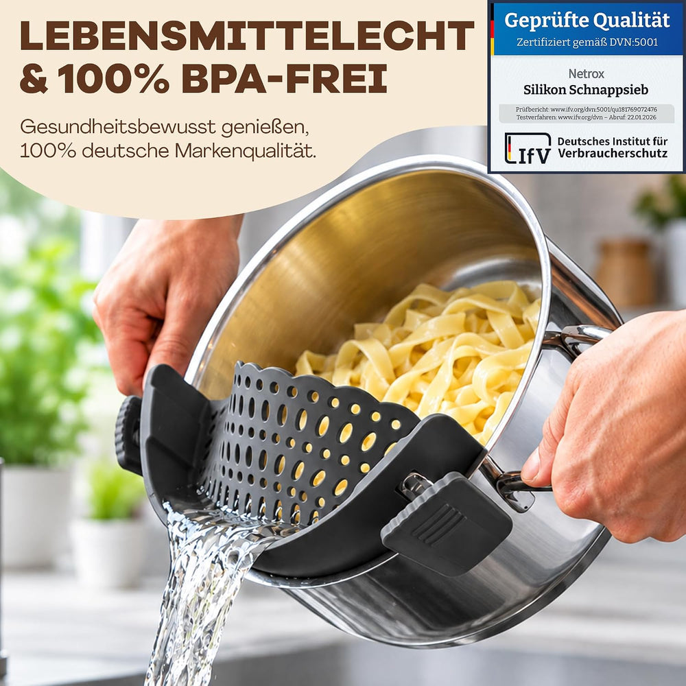 Netrox Schnappsieb aus Silikon, Nudelsieb Aufsatz für Topf & Pfanne