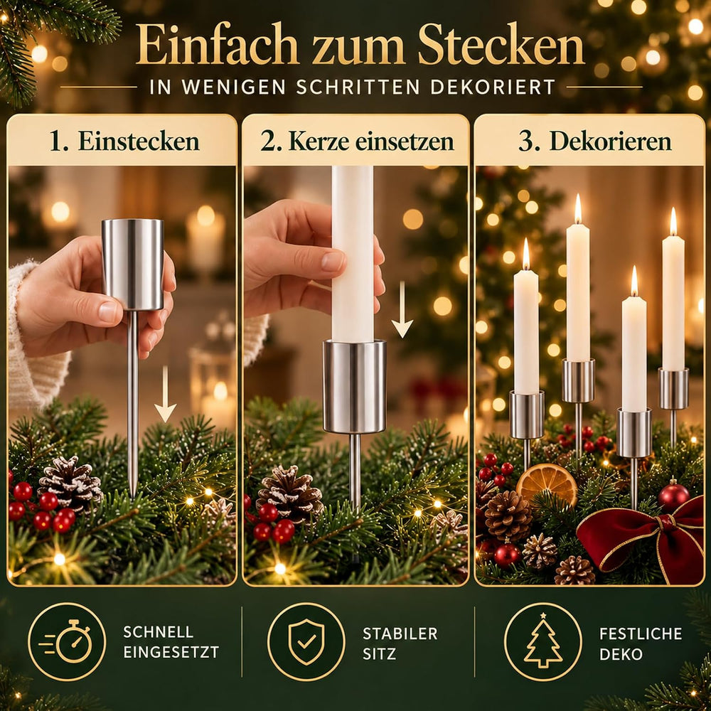 Adventskranz Kerzenhalter,Stabkerzenhalter zum Stecken, Silber, 4er-Set
