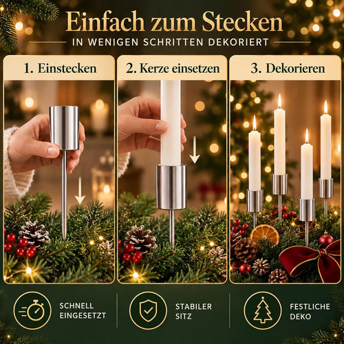 Adventskranz Kerzenhalter,Stabkerzenhalter zum Stecken, Silber, 4er-Set