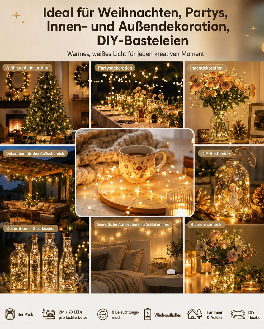 Mini Lichterkette Aufladbar 2M 20LED Warmweiß 3er Set