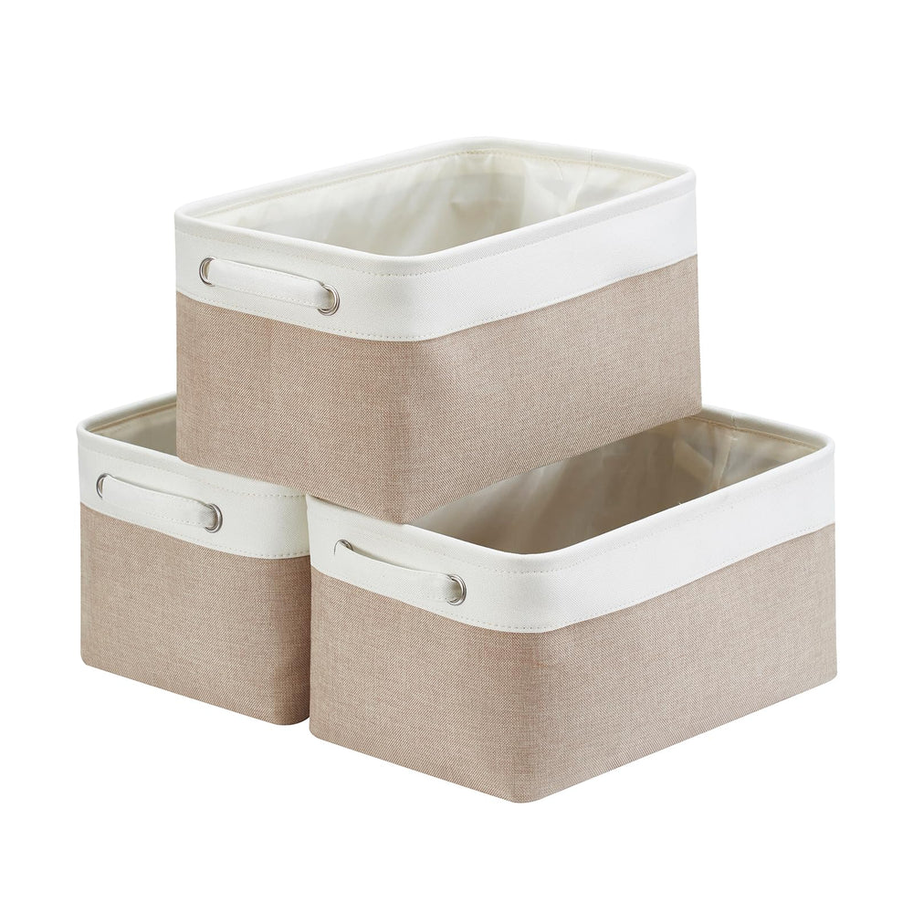 Mangata aufbewahrungsbox Stoff, aufbewahrungskorb, Korb aufbewahrung Stoff mit Griffen für Schrank, Spielzeug, kleiderschrank, Regale, Kleidung (Helles Khaki Weiß, klein)