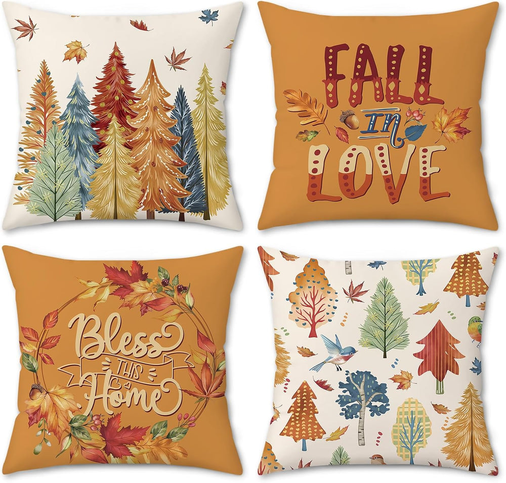 Bonhause Kissenbezug Herbst Bäume 40 x 40 cm Orange Wälder Marple Blätter Samt Soft Dekorative Kissenhülle Zierkissenbezüge für Sofa Schlafzimmer Wohnzimmer Zuhause Dekoration 4er Set