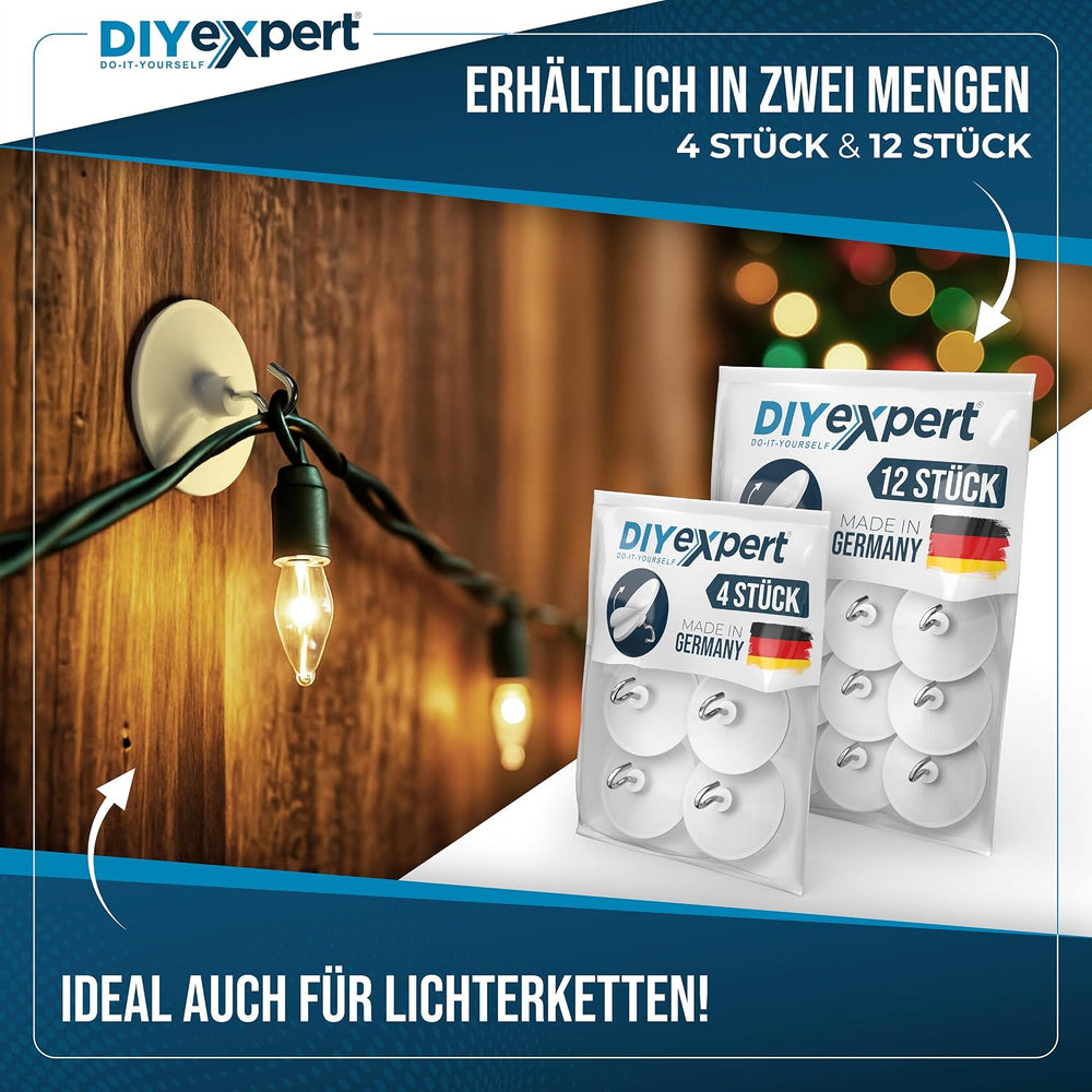 DIYexpert Deckenhaken selbstklebend | Made in Germany | [Mit Haken] [4 Stück] | Klebehaken für die Decke extra stark | Wandhaken ohne Bohren