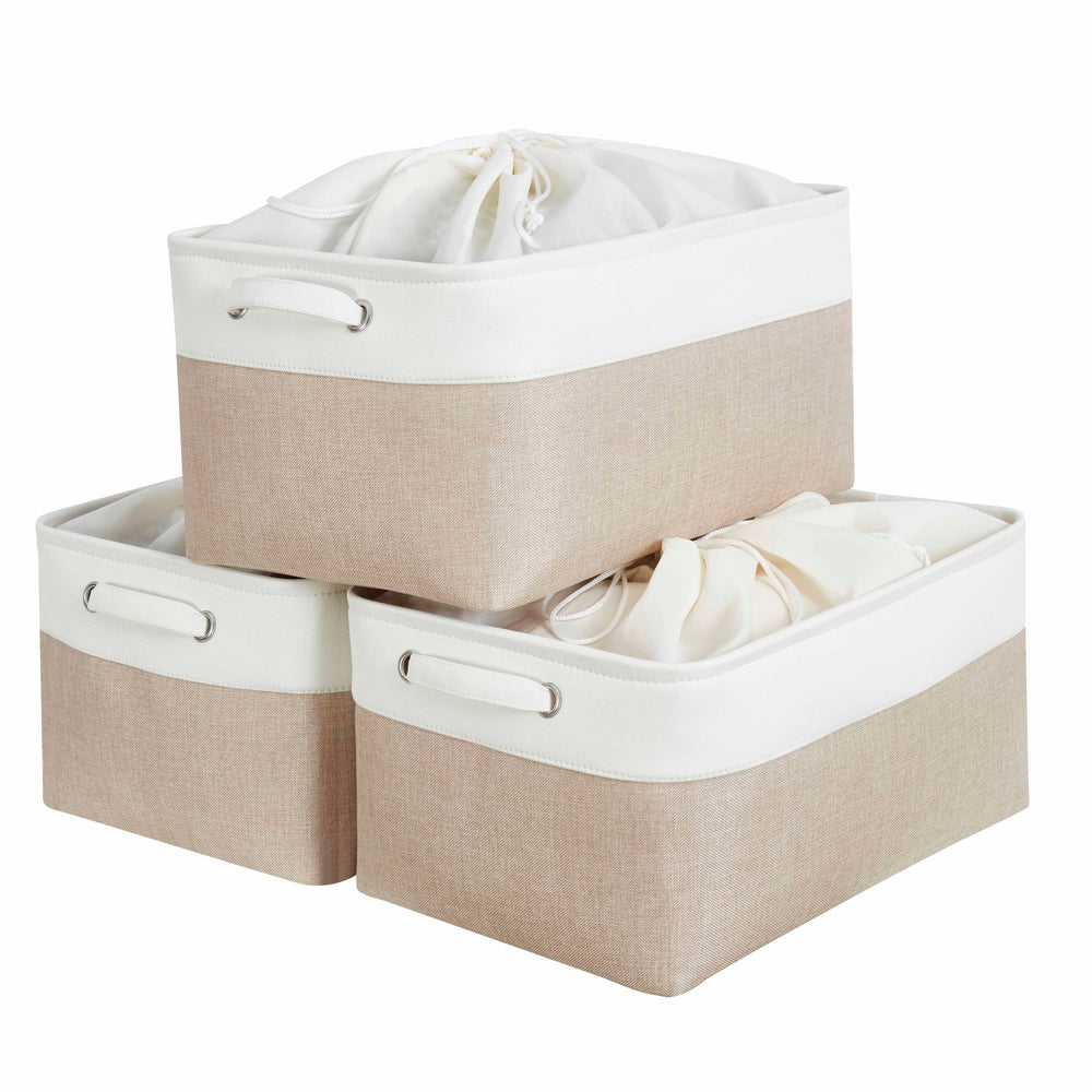 Mangata aufbewahrungsbox Stoff, aufbewahrungskorb, Korb aufbewahrung Stoff mit Griffen für Schrank, Spielzeug, kleiderschrank, Regale, Kleidung (Helles Khaki Weiß, klein)