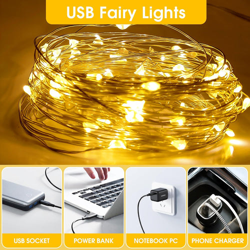 LED Lichterkette USB, 10M 100LED Kupferdraht Lichterkette Innen, Warmweiß