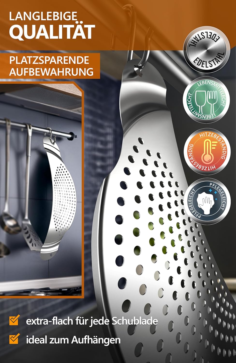 4smile Nudelsieb - Nudelsieb Edelstahl als Abgiesshilfe für Töpfe bis Ø 26 cm - Flaches Abtropfsieb platzsparend, funktionale Abgießhilfe für Pasta, Kartoffeln, Gemüse