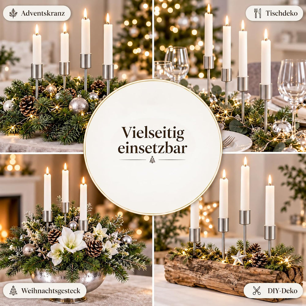 Adventskranz Kerzenhalter,Stabkerzenhalter zum Stecken, Silber, 4er-Set