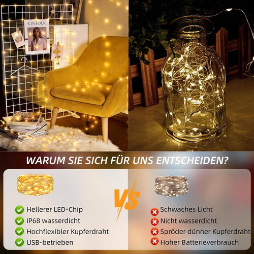 2 Stück Led Lichterkette mit USB, Wasserdicht, 5M 50er Micro Silver LED