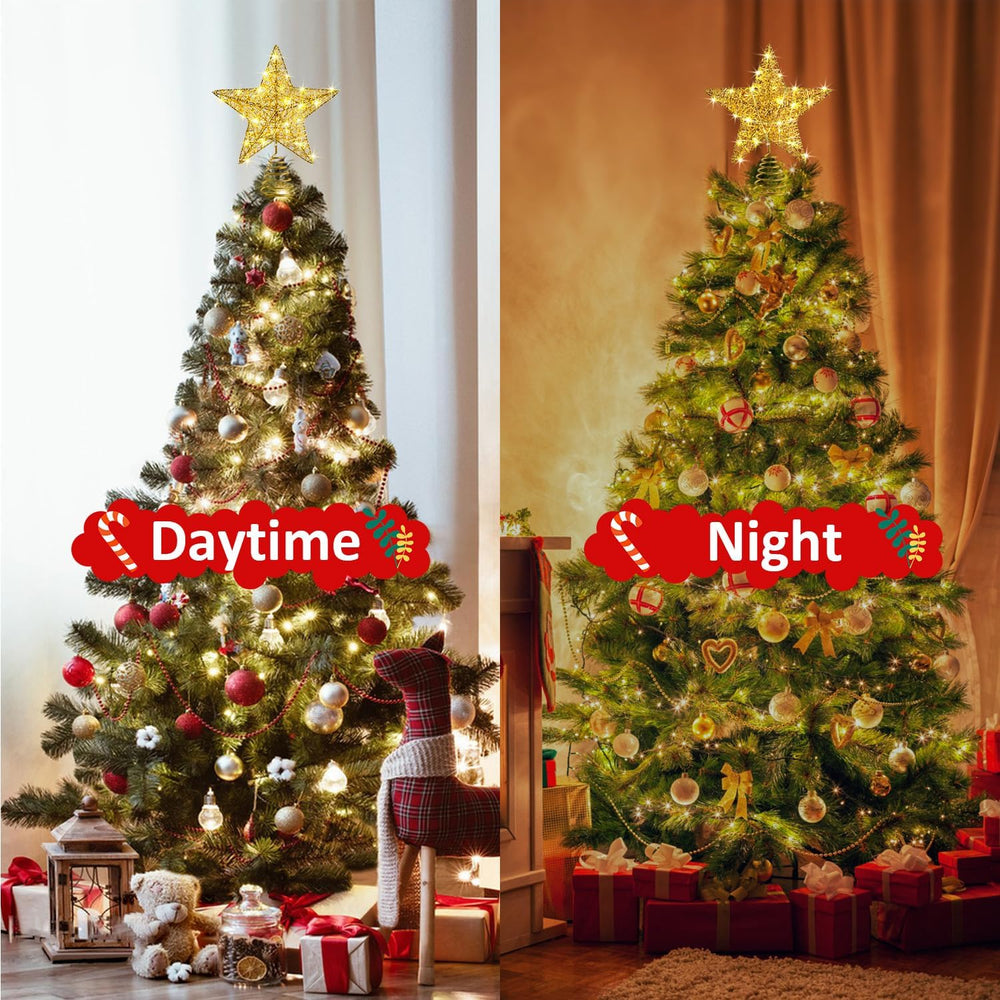 Gold Weihnachtsbaumspitzen Stern, 25cm Glitzer-Baumspitzen aus Golddraht mit Timer, Stromversorgung über Batterie oder USB, 20 LED-Lichter, beleuchteter Stern-Baumschmuck für Weihnachtsbaum