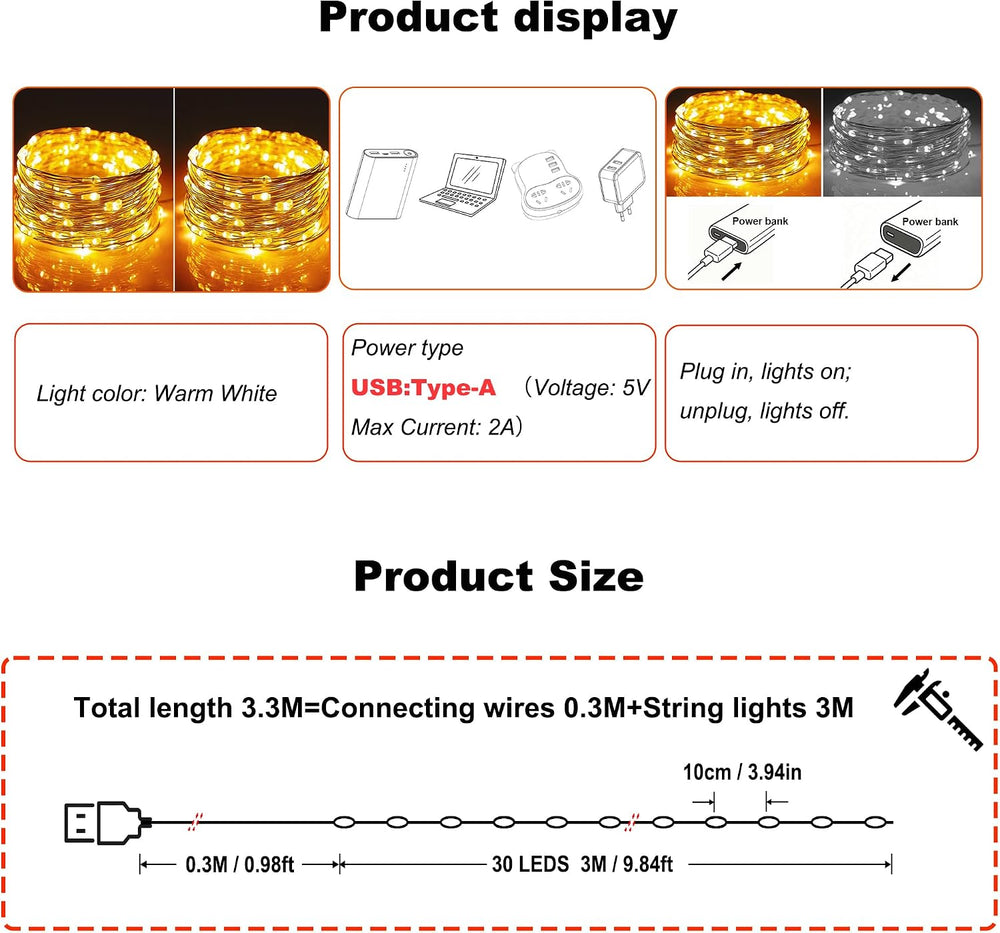 2 Stück LED Lichterkette, 30LED 3M / 10Ft USB lichterkette außen/innen Wasserdichte für Schlafzimmer, Hof, Hochzeit, Weihnachten, DIY etc (Warmweiß)