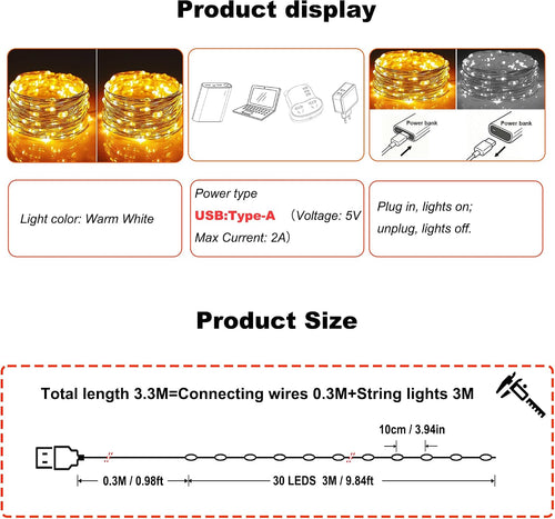 2 Stück LED Lichterkette, 30LED 3M / 10Ft USB lichterkette außen/innen Wasserdichte für Schlafzimmer, Hof, Hochzeit, Weihnachten, DIY etc (Warmweiß)
