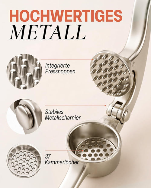 Zulay Kitchen Knoblauchpresse Edelstahl mit Silikon-Knoblauchschäler und Reinigungsbürste, Knoblauchpresse mit Komfortabler Griff, Ingwerpresse, Haushaltshelfer Knoblauch presse Garlic Crusher, Silber