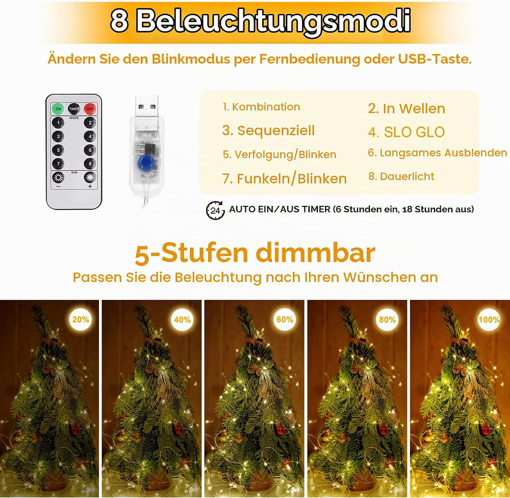 20M LED Lichterkette USB, 200LED mit Fernbedienung, 8 Modi und Timer