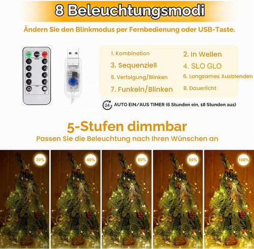 20M LED Lichterkette USB, 200LED mit Fernbedienung, 8 Modi und Timer